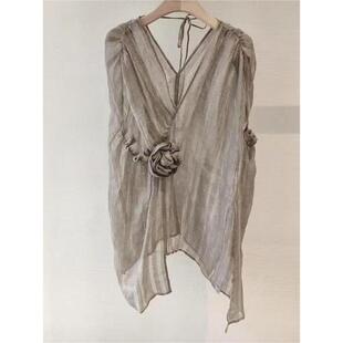 怒推！外贸单品质，松弛感洋气上衣女夏季高级感灰色立体花朵衬衫