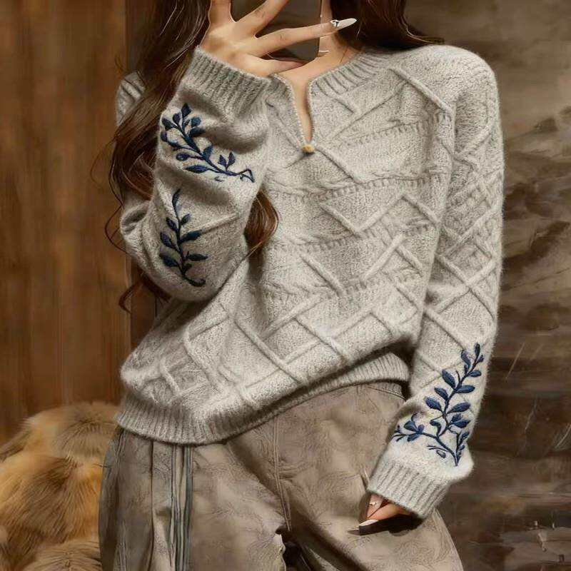 牛X货 巨炸裂！灰色新中式刺绣毛衣女秋冬季设计感宽松针织衫上衣