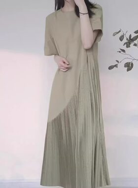 品牌专柜高端女装外贸设计感精致长裙褶皱不规则大裙摆过膝连衣裙