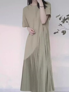 品牌专柜高端女装外贸设计感精致长裙褶皱不规则大裙摆过膝连衣裙
