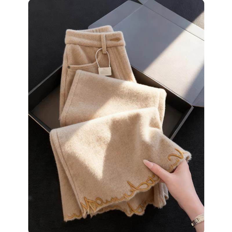 驼色厚实拼接刺绣阔腿裤子女2025秋冬季爆款设计感高腰休闲直筒裤,女装/女士精品,休闲裤,淘宝优惠券,粉丝福利购,淘宝优惠卷