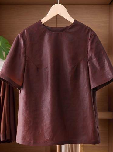 品牌专柜女装外贸简约气质款重磅新中式国风真丝红云纱短袖T恤女