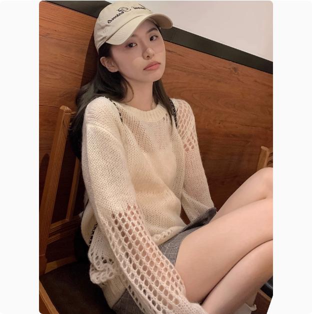 马海毛毛衣女套头秋季设计感慵懒风宽松薄款长袖镂空针织衫上衣