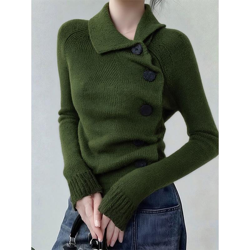 秋冬季复古绿色斜扣翻领毛衣针织打底衫女内搭巨好看显瘦长袖上衣
