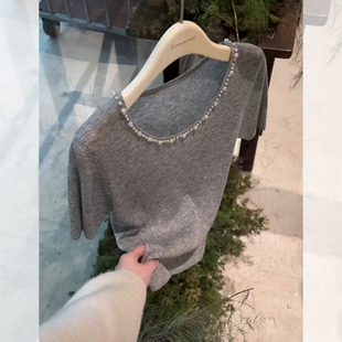 爆爱！重工钉珠针织冰丝短袖t恤女夏季独特好看设计感大领口上衣