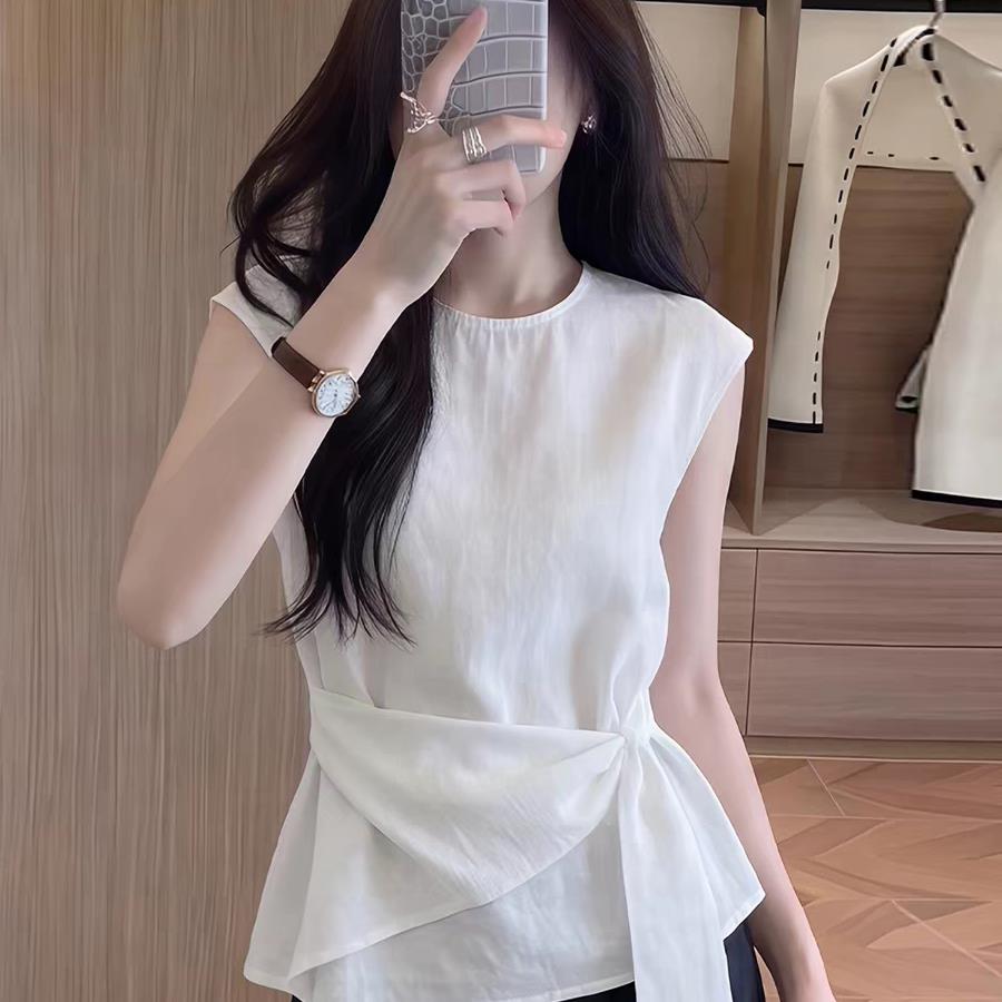 墙裂推荐！松弛风白色无袖绑带收腰衬衫女夏季修身显瘦减龄上衣图片
