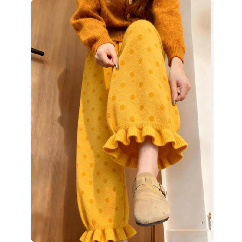 姜黄色波点针织花苞裤女秋冬小个子2025年超火的裤子休闲直筒阔腿,女装/女士精品,大码裤装,淘宝优惠券,粉丝福利购,淘宝优惠卷