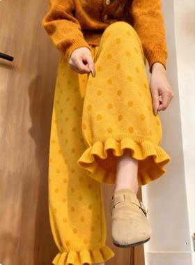 姜黄色波点针织花苞裤女秋冬小个子2025年超火的裤子休闲直筒阔腿