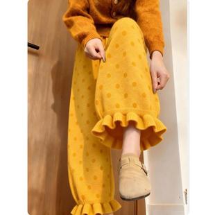 裤 子休闲直筒阔腿 女秋冬小个子2025年超火 姜黄色波点针织花苞裤