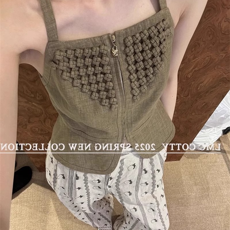 怒推!外贸单品质,亚麻挂脖吊带女夏高级感小众收腰编织拉链马甲