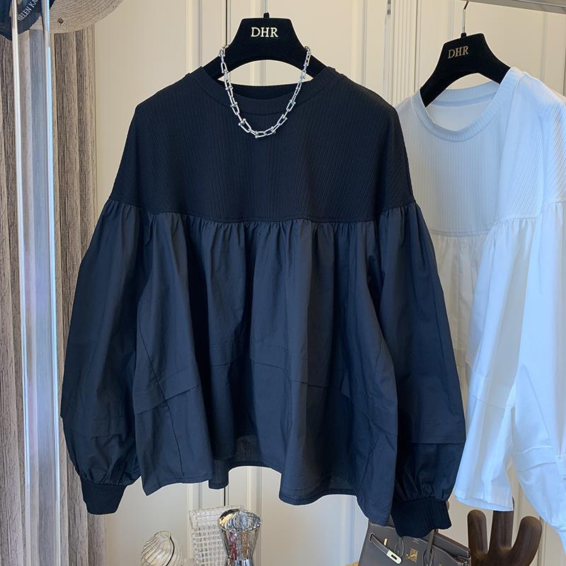 设计感小众韩版宽松覆古法式泡泡袖娃娃衫针织拼接衬衫上衣2023秋