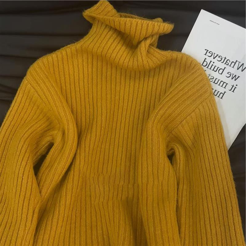 挚爱！姜黄色高领坑条毛衣女冬季新款宽松软糯保暖内搭针织衫