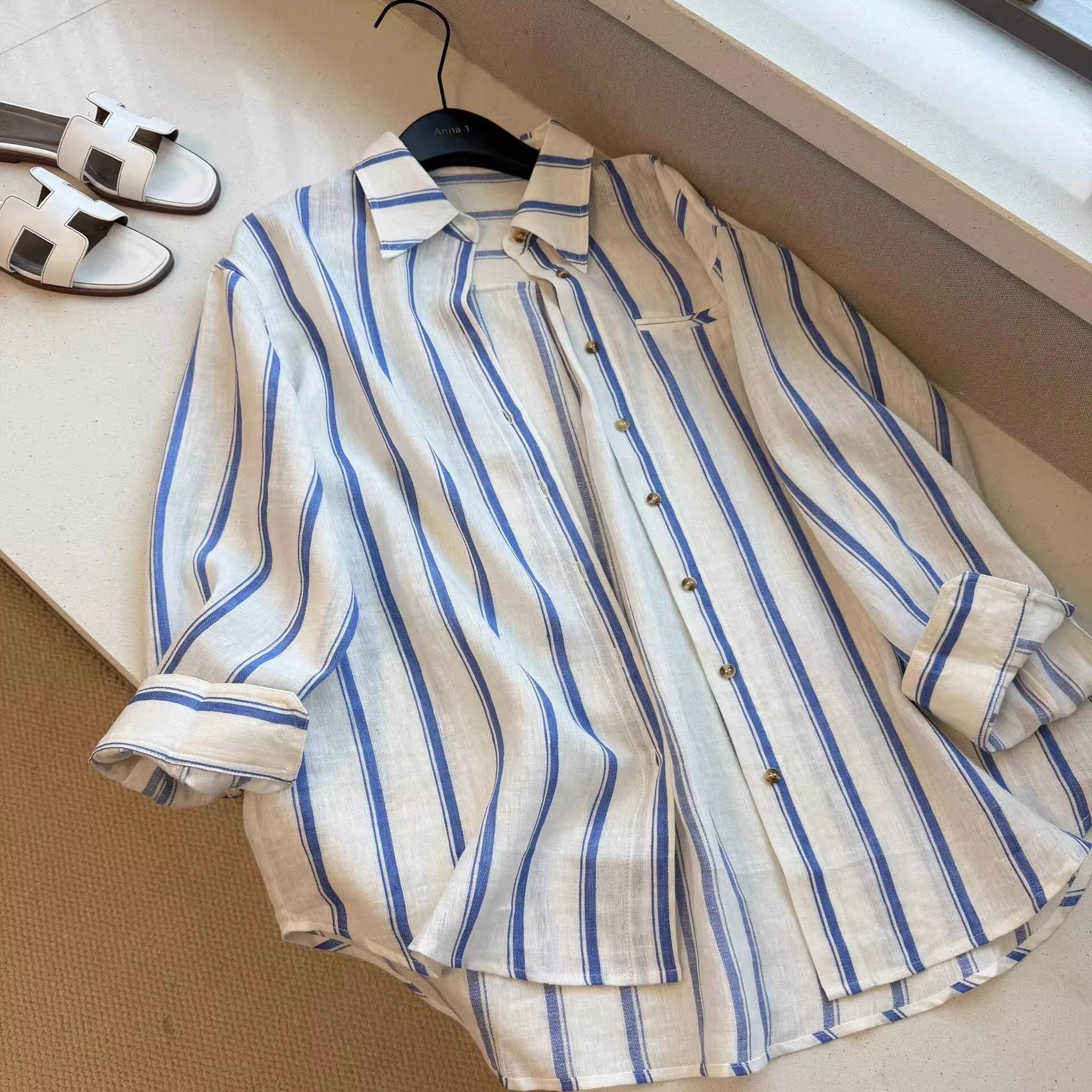 牛X货 巨炸裂！松弛慵懒风蓝白条纹亚麻衬衫女夏轻薄休闲宽松上衣