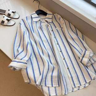 松弛慵懒风蓝白条纹亚麻衬衫 女夏轻薄休闲宽松上衣 巨炸裂 牛X货