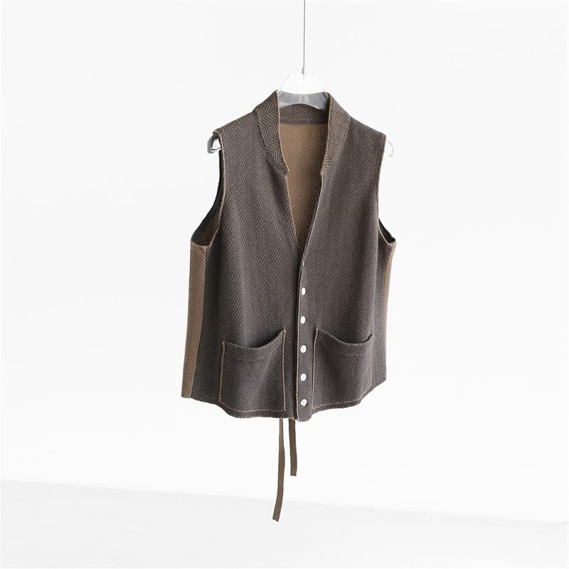 日系贵牌！叠穿天菜 苎麻+棉高密人字纹立领无袖针织马甲上衣女秋