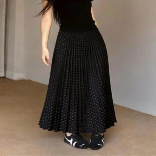 黑色波点百褶半身裙女春季 松紧高腰显瘦百搭长裙子 巨炸裂 牛X货