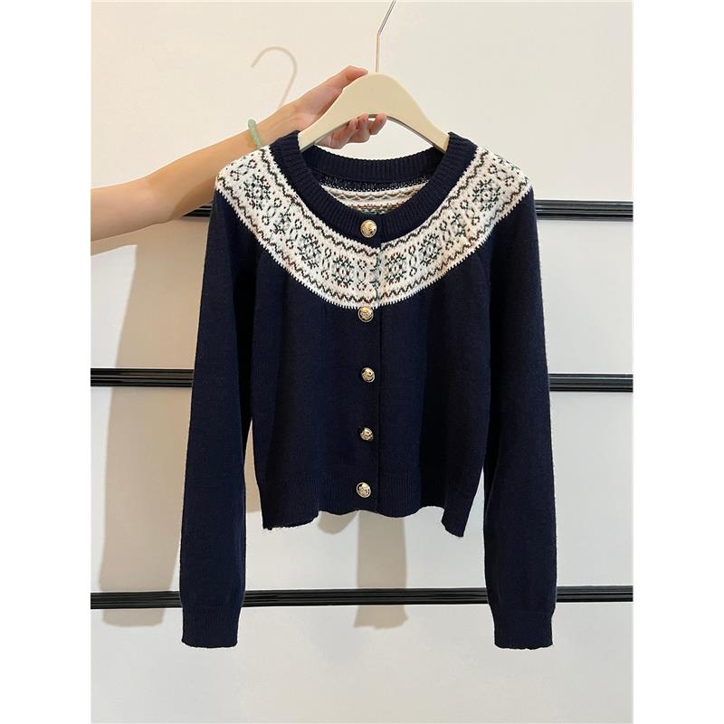 费尔岛藏蓝色针织开衫2025秋冬季新款巨好看高级感毛衣外套上衣女