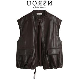 渠道货 酷飒风圆领宽松显瘦皮衣马甲女高级感气质小个子夹克外套