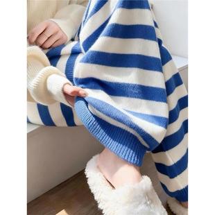 慵懒风宽松休闲裤 牛X货 女秋冬季 蓝白色条纹针织阔腿裤 子 巨炸裂