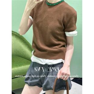 宝石水钻手工羊毛羊绒圆领短袖 精致 毛衣女 极简中 CHAO级推荐