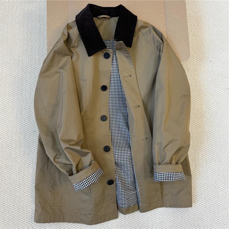 外贸单品质，卡其色灯芯绒翻领风衣外套女秋拼接格纹宽松夹克上衣