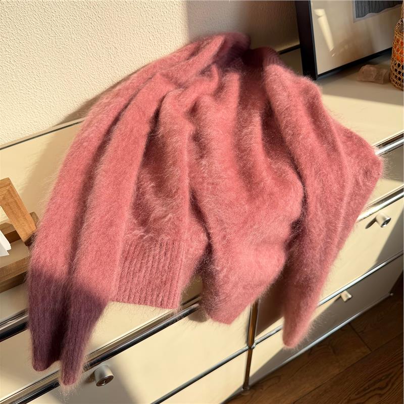 CHAO级！梅红色拉毛羊绒毛衣女冬季慵懒风宽松软糯套头针织衫