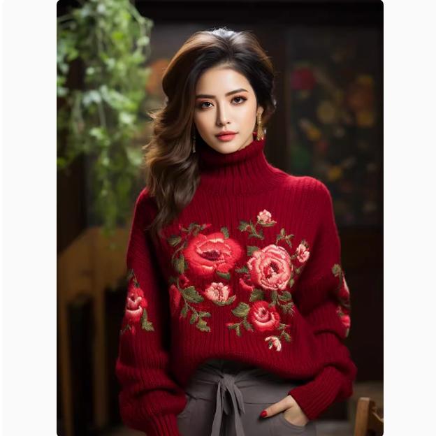 品牌折扣撤柜大牌清仓捡漏外贸重工红色刺绣花朵毛衣慵懒风针织衫