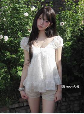 墙裂推荐！少女韩系清新淡粉碎花雪纺宽松显瘦娃娃衫泡泡短袖上衣