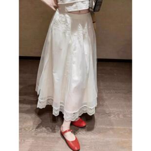 高级感淑女风轻奢蕾丝半身裙女2026夏季新款小众高腰压褶大摆长裙