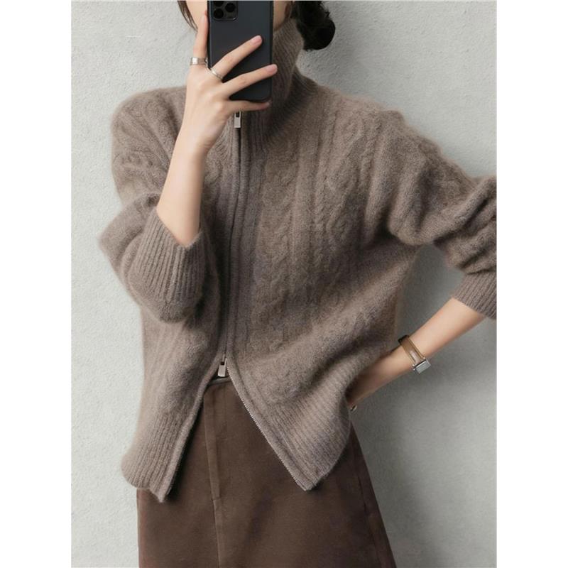 巨好看浅棕色绞花纹毛衣外套双拉链高领针织开衫冬季软糯加厚上衣