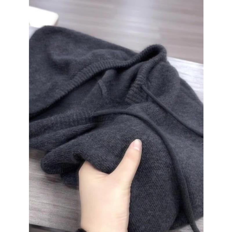 专柜一线出口撤回深灰色连帽外穿毛衣女冬季软糯慵懒针织上衣