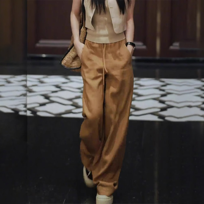 被惊艳到了！金棕色亚麻裤女2025夏季薄款小个子直筒天丝阔腿裤子