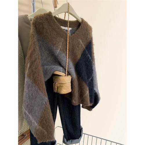 牛X货 巨炸裂！菱格v领咖色毛衣女2025秋冬加厚慵懒风针织衫上衣