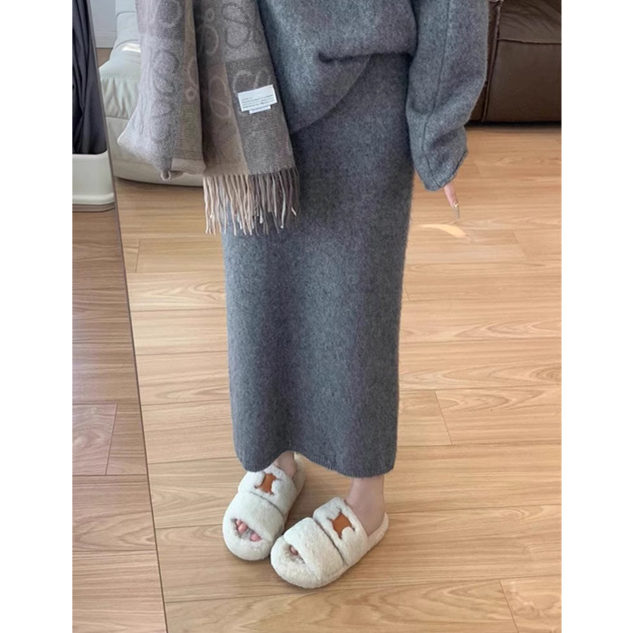 灰色羊毛针织半身裙女秋冬a字中长款包臀裙一步裙显瘦毛呢直筒裙