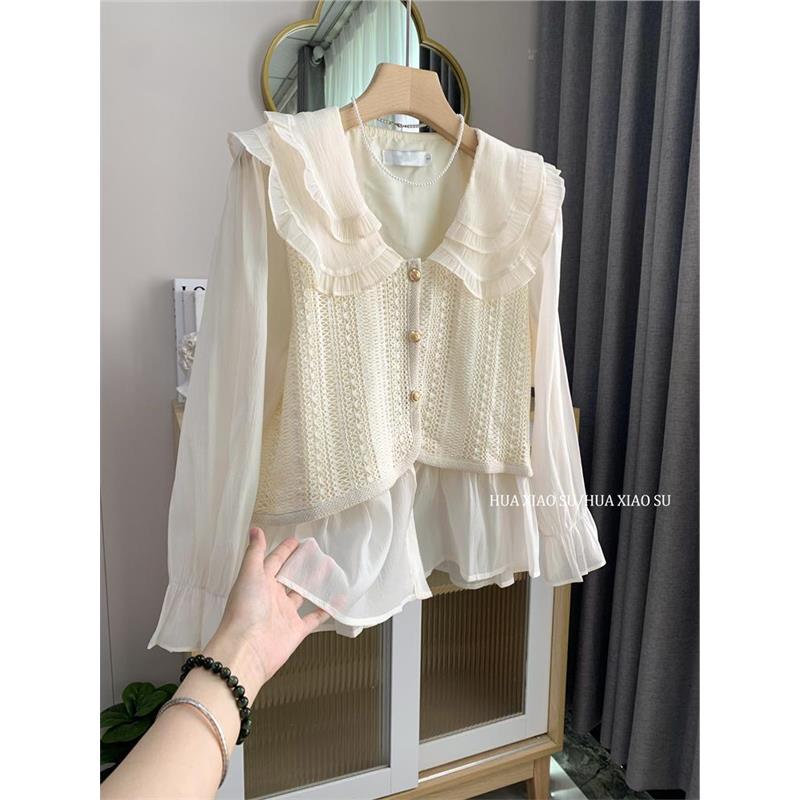 大码女装胖mm2025早春双层娃娃领飞边超仙洋气显瘦百搭假两件衬衣