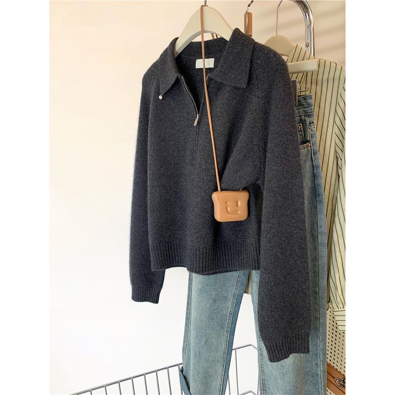 深灰色polo领半拉链羊毛针织衫女秋冬2025新款翻领小个子毛衣上衣