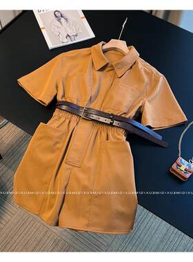 欧洲站美式复古工装短袖连体裤女夏季高级感松紧收腰显瘦阔腿短裤