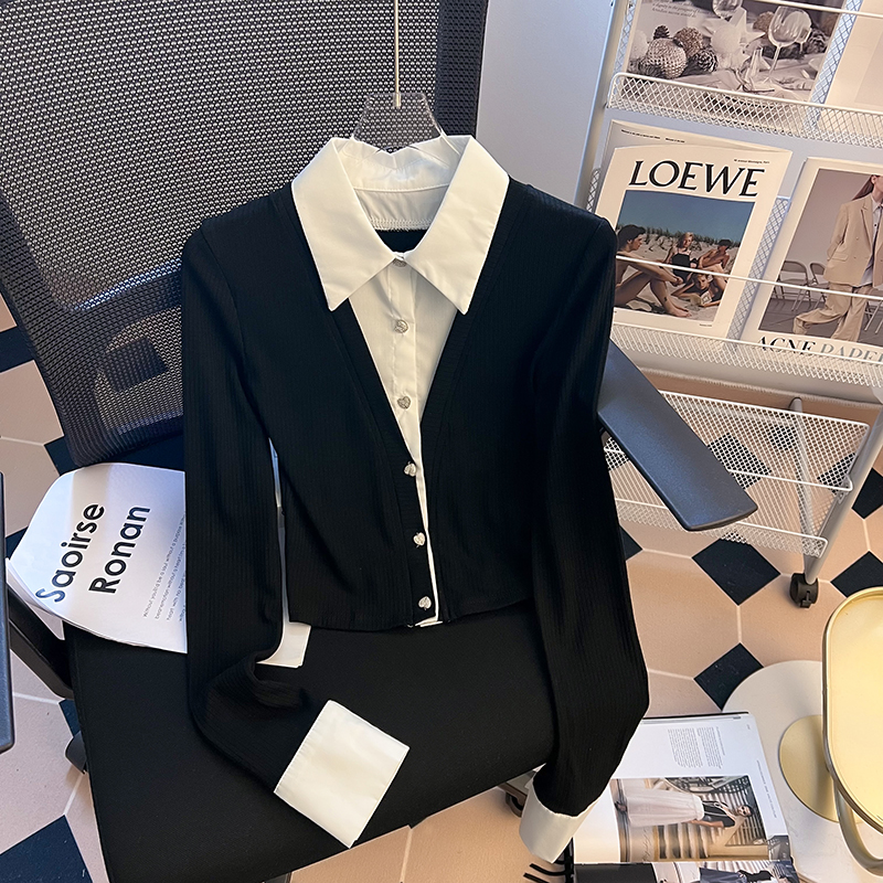 无D推荐！黑白撞色假两件衬衫女2024新款设计感辣妹修身显瘦上衣