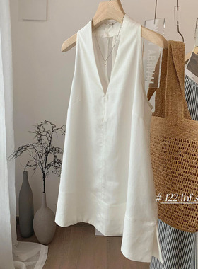 渠道货！白色无袖上衣女夏季简洁大方时尚感瞬间拉满V领亚麻挂脖