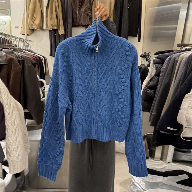 怒推！短款蓝色麻花高领羊毛毛衣女2025秋冬新款宽松针织开衫外套