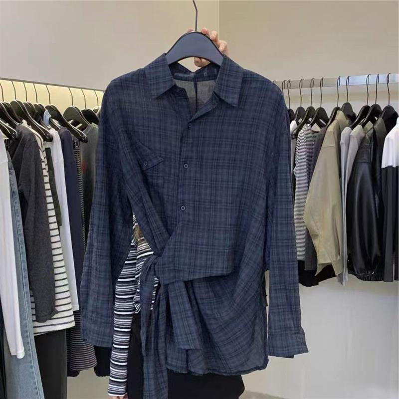 欧洲站2025早秋新款欧货洋气设计感收腰绑带宽松格子衬衫上衣女潮