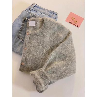 一线品牌清仓外贸捡漏必入~超好看浣熊绒软糯圆领灰色针织开衫女