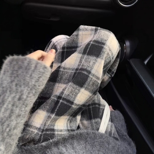 黑白撞色加绒阔腿裤女秋冬慵懒格子裤高腰垂感加厚毛呢直筒休闲裤