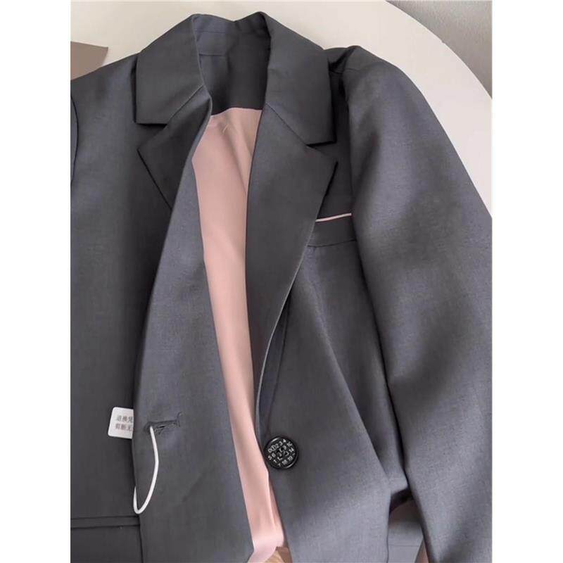 掌柜自留！！上身温温柔柔~灰色西装外套女时尚撞色拼接气质西服