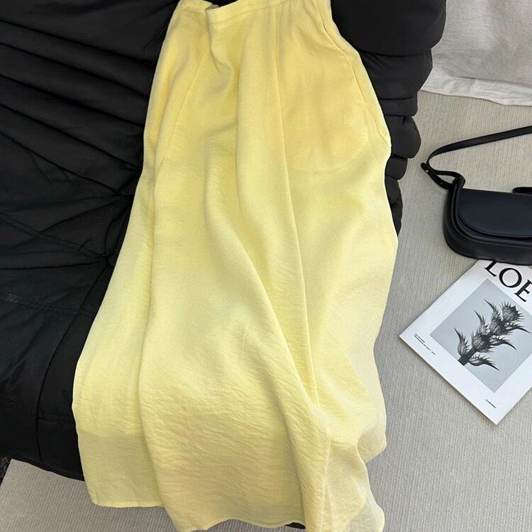 牛X货 巨炸裂！冰丝感黄色半身裙女夏高腰垂感过膝长裙子防嗮伞裙