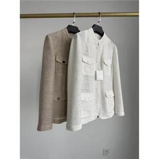 棉料 意奢B 进口亚麻 外套26年秋 亮丝立领口袋针织收腰西装