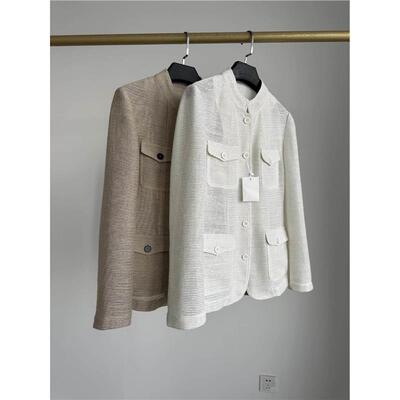 意奢B~C！进口亚麻+棉料！亮丝立领口袋针织收腰西装外套26年秋