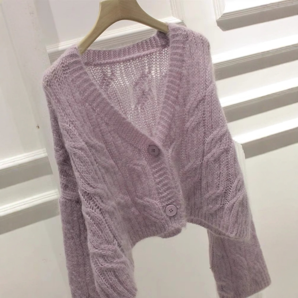 韩版秋冬新款粗麻花V领短款小个子马海毛很仙的毛衣开衫外套女