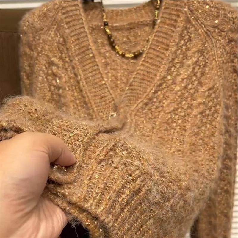 金色韩版V领亮片设计针织外套女2025秋冬新款高级感洋气大码毛衣,女装/女士精品,羊绒衫,淘宝优惠券,粉丝福利购,淘宝优惠卷