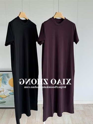 简约百搭舒适亲肤匹马棉T恤裙， 圆领短袖小个子长款休闲连衣裙女